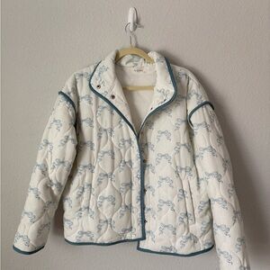 Altar'd State White and Blue Patterned Puffer Jacket